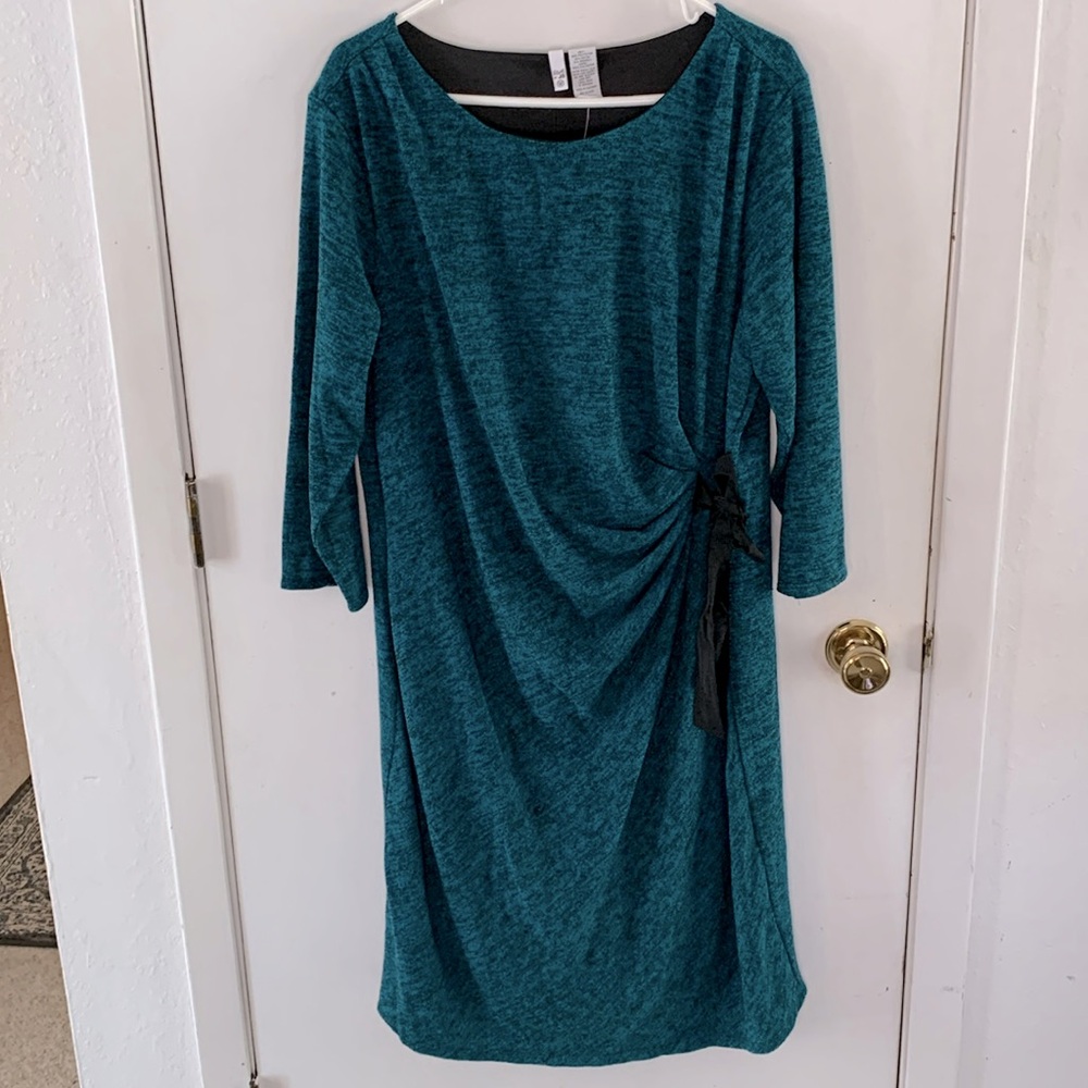 Sami & Jo teal long sleeve knit midi dress with side gather Size 3X